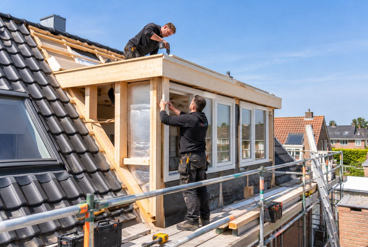 Twee aannemers monteren de houten constructie van een dakkapel op het schuine dak van een Nederlandse woning