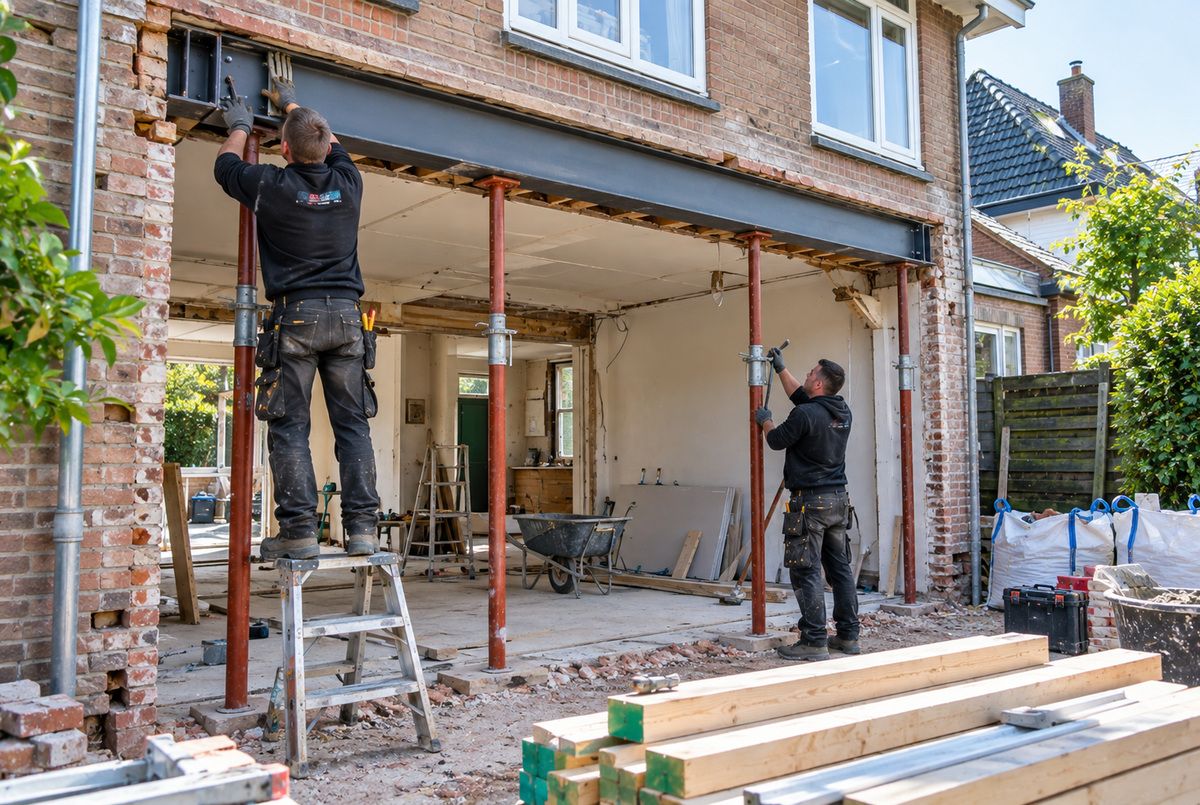 Aannemers plaatsen een stalen draagbalk ter ondersteuning van de bovenverdieping tijdens een woningverbouwing