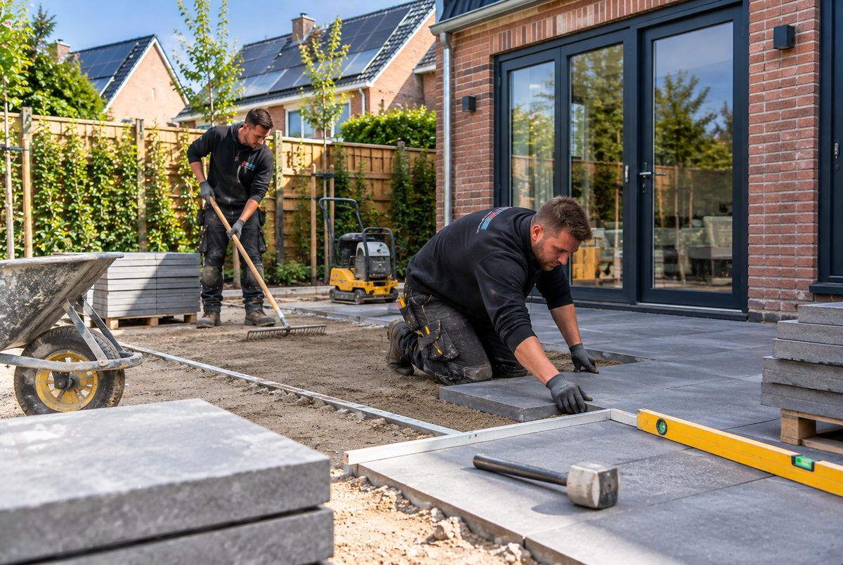 Twee aannemers leggen een terras met grote grijze betontegels aan in de achtertuin van een Nederlandse woning