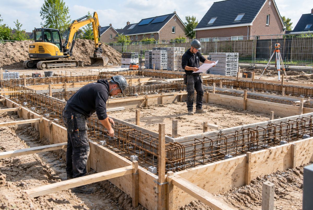 Twee bouwvakkers van een bouwbedrijf plaatsen en controleren de wapening voor de betonnen fundering van een nieuwbouwwoning