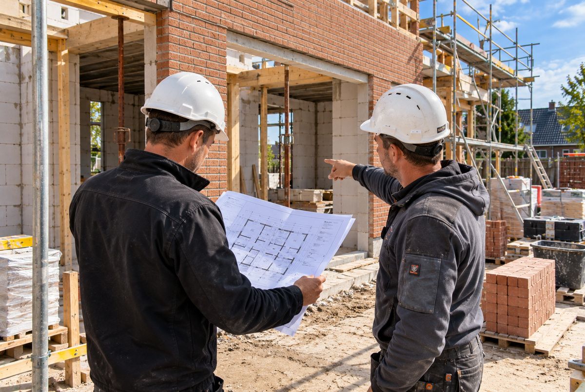 Twee medewerkers van een bouwbedrijf bespreken een bouwtekening en controleren de voortgang van de ruwbouw van een nieuwbouwwoning