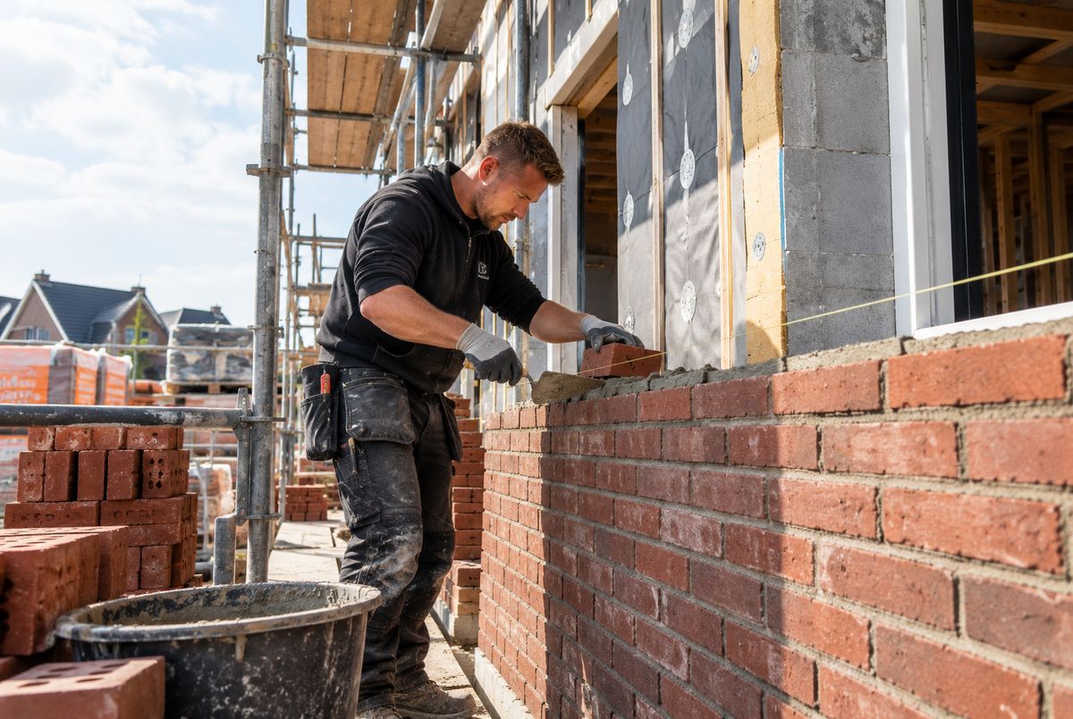Metselaar van een bouwbedrijf metselt een bakstenen buitengevel tijdens de nieuwbouw van een woning