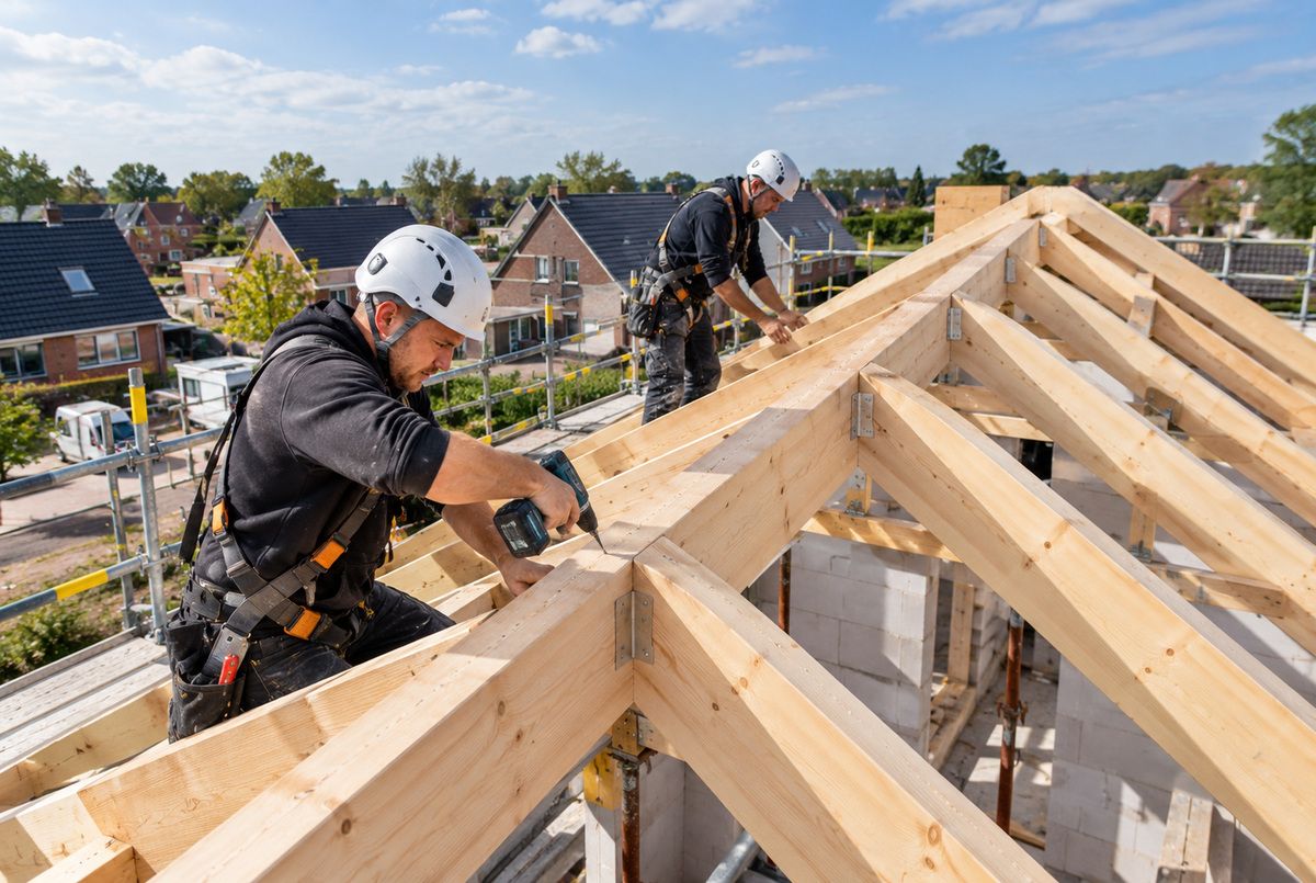 Twee timmerlieden van een bouwbedrijf monteren een houten dakconstructie tijdens de nieuwbouw van een woning