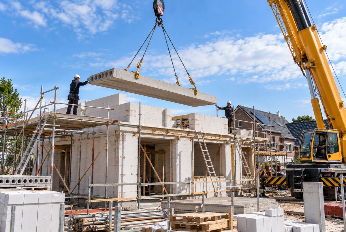 Twee bouwvakkers van een bouwbedrijf begeleiden de plaatsing van een prefab betonnen verdiepingsvloer met een bouwkraan tijdens de nieuwbouw van een woning
