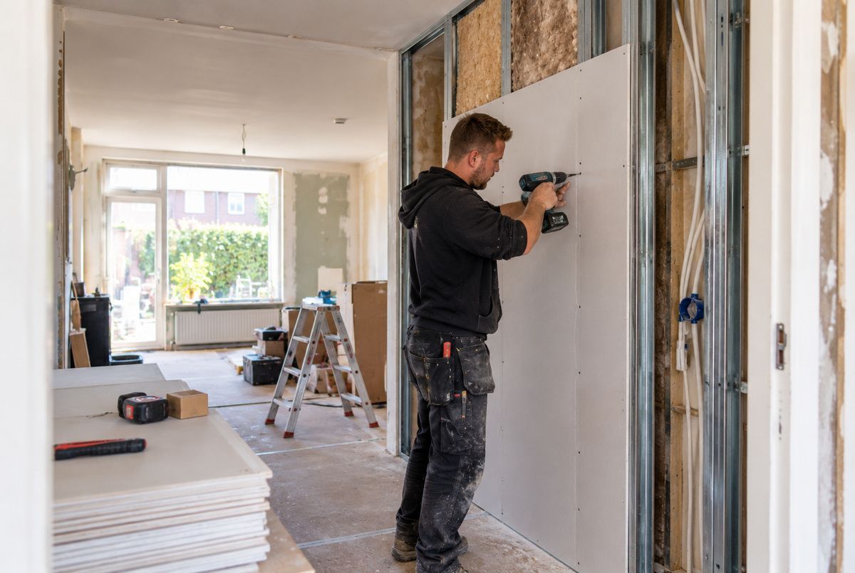 Vakman van een bouwbedrijf monteert gipsplaten op een metalen scheidingswand tijdens de renovatie van een woning