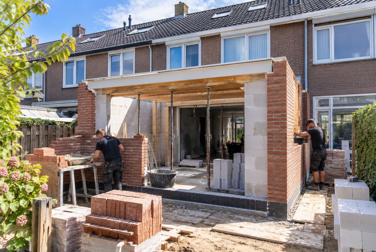Twee bouwvakkers van een bouwbedrijf metselen de buitenmuren van een uitbouw aan de achterzijde van een rijtjeswoning
